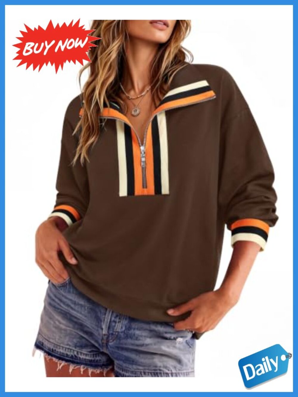 Women Half Zip Pullover Sweatshirt Cotton Blend Striped Long Sleeve Mock Neck